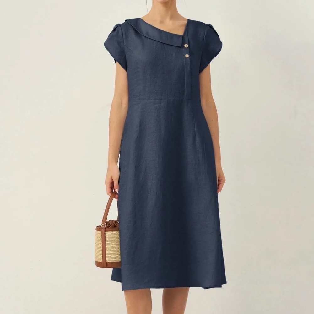 Lintico Navy Blue Linen Midi Dress Asymmetrical Collar Short Sleeve Pockets Sz S